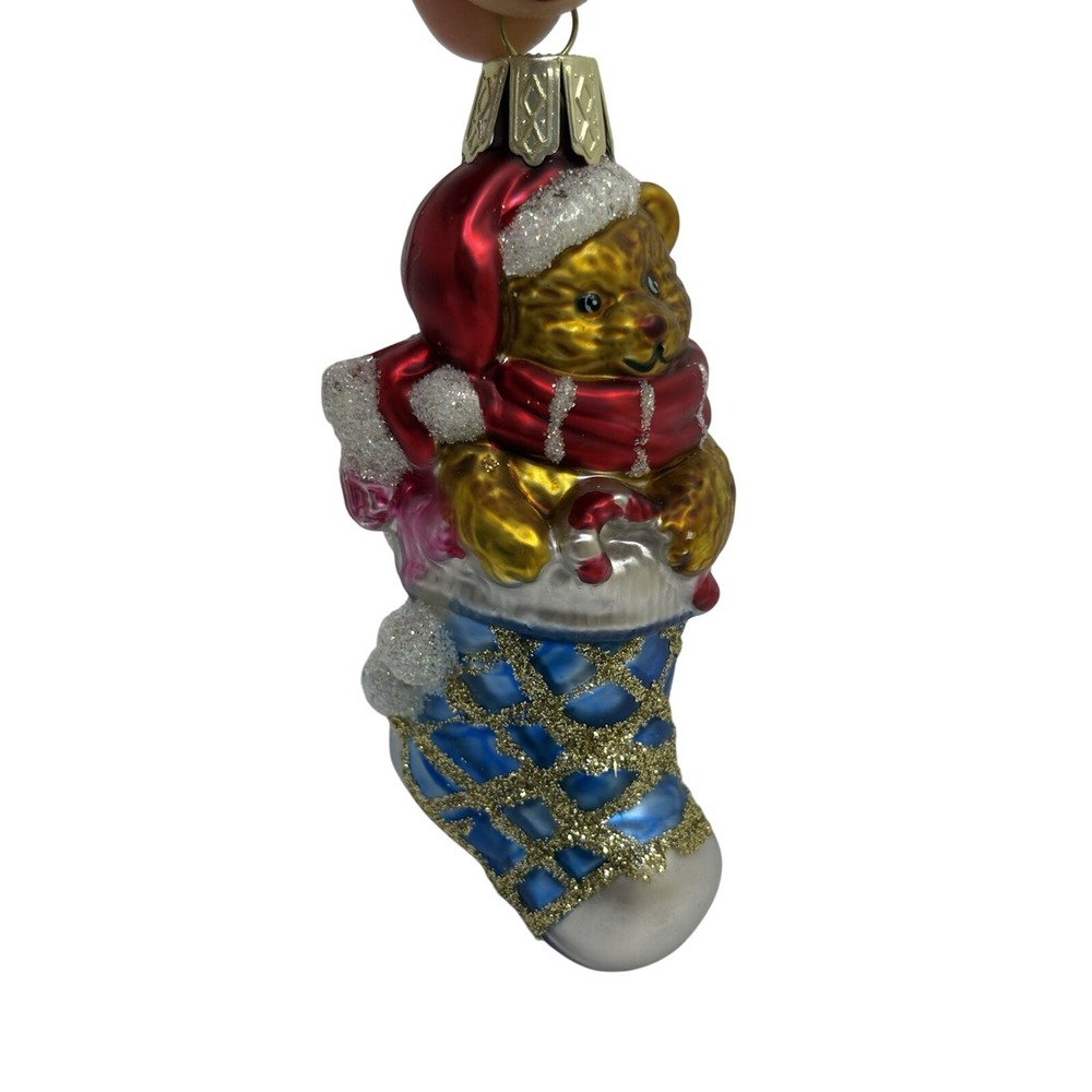 Vtg Mercury Glass Christmas Ornaments Bear Santa Hat Blue Stocking